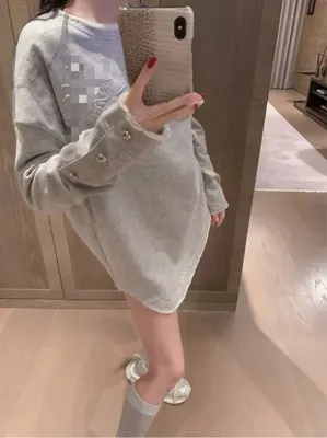 Gray Oversized Sweatshirt Dress With Pearl Buttons Casual Style