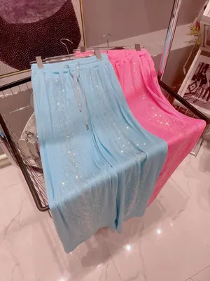 Ribbed Knit Pants Blue Pink Sparkle Casual