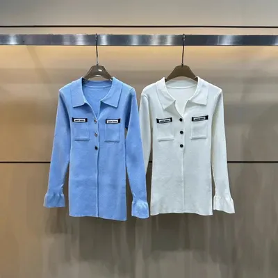 Knitted Collared Shirt Blue And White Casual Top