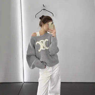 Gray Logo Knit Off Shoulder Sweater