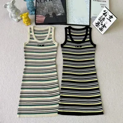 Striped Knit Sleeveless Dress Green And Black Casual