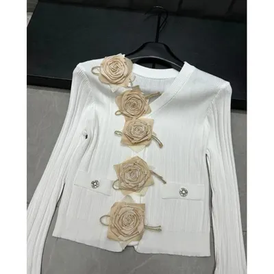 White Knit Cardigan Beige Rose Embellished Casual Sweater