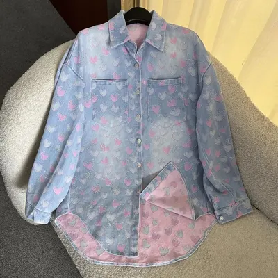 Heart Print Denim Blue Casual Shirt