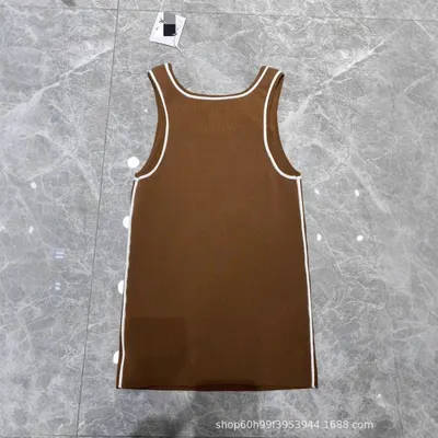 Brown Ribbed Sleeveless Dress With White Trim