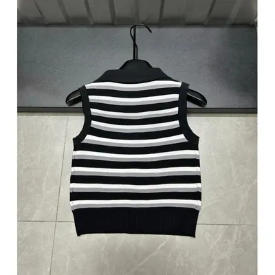 Striped Knit Sleeveless Vest Black White Casual