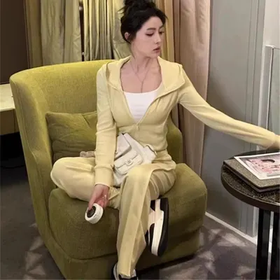 Yellow Knit Hoodie Set Casual Outfit