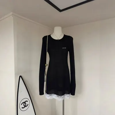 Black Long Sleeve Lace Hem Dress