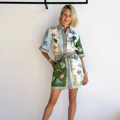 Ocean Print Shirt Dress Green Blue Casual Style