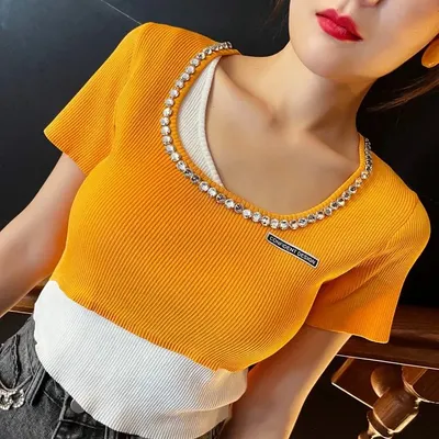 Continent Design Orange Ribbed Cropped Top