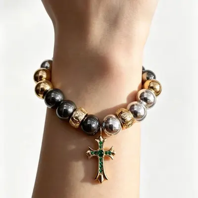 Gold Black Beaded Cross Charm Bracelet