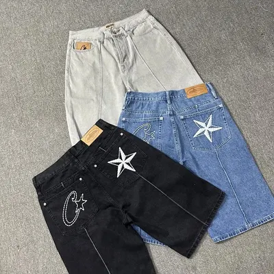 Denim Shorts Black Star Embroidered Style