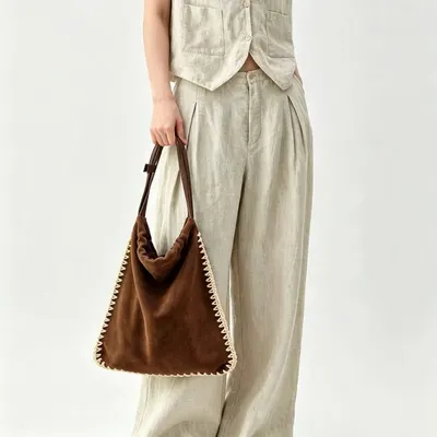 Brown Suede Tote Bag With Beaded Trim Casual Style