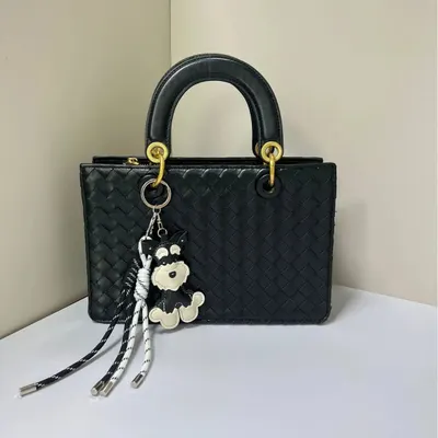 Black Quilted Leather Tote Bag With Dog Charm