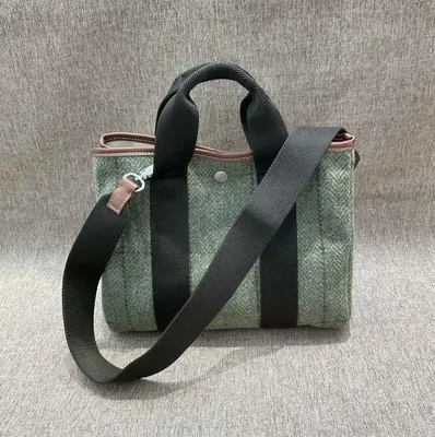 Green Tweed Shoulder Bag Brown Trim Casual Tote