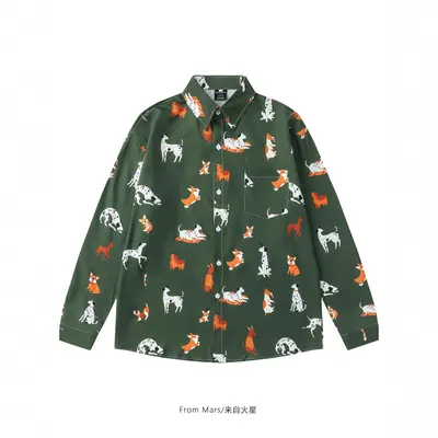 From Mars Dog Print Green Long Sleeve Shirt