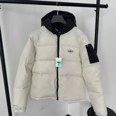 White Puffer Jacket With Hood Black Trim Winter Style