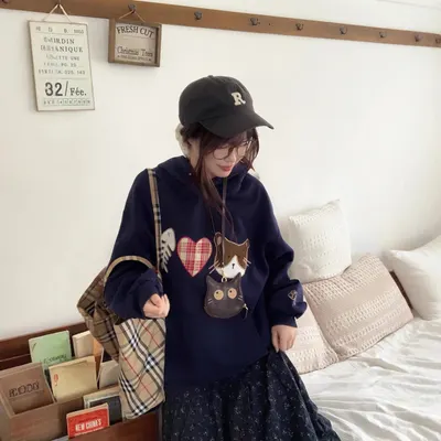 Unbranded Cat Print Navy Blue Hoodie