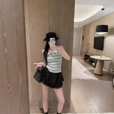 Unisex Striped Sleeveless Top Light Blue Casual Top