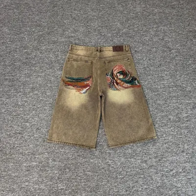 Vintage Denim Shorts Khaki Embroidered Artwork