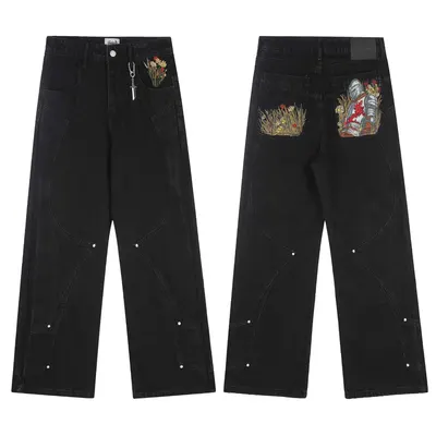 Black Embroidered Wide Leg Jeans Fashion