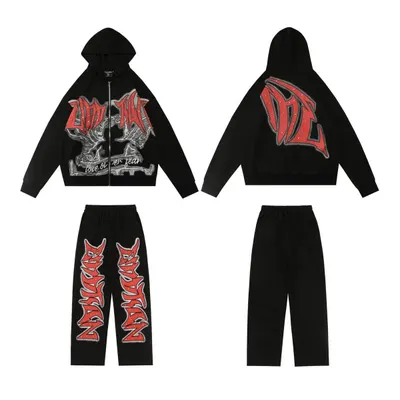Black Zip Hoodie Red Graphic Streetwear Set