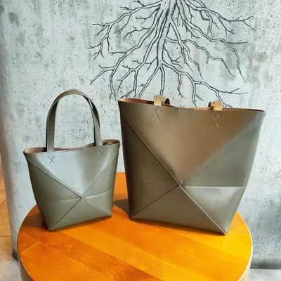 Leather Tote Bag Olive Green Geometric Design