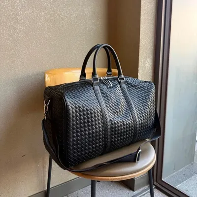 Woven Leather Black Duffle Bag