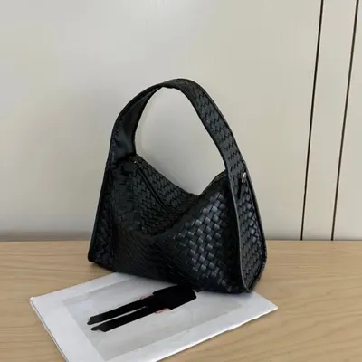 Woven Leather Black Shoulder Bag