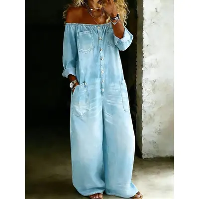 Denim Off Shoulder Light Blue Loose Jumpsuit