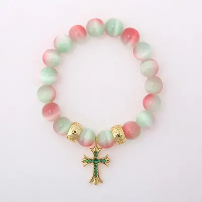 Pink Green Beaded Bracelet Gold Cross Charm